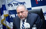 Defense Minister Avigdor Liberman and head of the Yisrael Beytenu party leads a faction meeting at the Knesset on January 8, 2018. (Miriam Alster/Flash90)