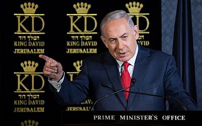 Prime Minister Benjamin Netanyahu speaks during lunch with NATO ambassadors to Israel at the King David hotel in Jerusalem on January 9, 2018. (Hadas Parushl/Flash90)