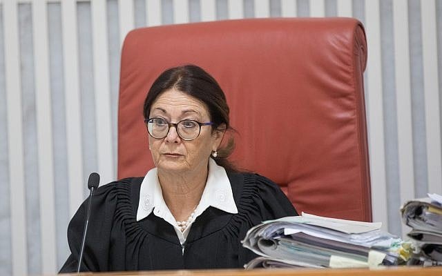 Supreme Court President Esther Hayut arrives to the Supreme Court in Jerusalem for a court hearing regarding the Western Wall deal, January 14, 2018. (Yonatan Sindel/Flash90) Supreme Court President Esther Hayut arrives to the Supreme Court in Jerusalem for a court hearing regarding the Western Wall deal, January 14, 2018. (Yonatan Sindel/Flash90)