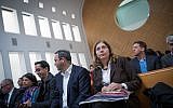 Anat Hoffman (r), chairwoman of the "Women of the Wall" organization seen at the Supreme Court in Jerusalem as she arrives for a hearing regarding the Western Wall deal, on January 14, 2018. (Yonatan Sindel/Flash90)