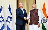 Prime Minister Benjamin Netanyahu (left) and his Indian counterpart Narendra Modi at a joint press conference in the president's house in New Delhi, India, on January 15, 2018. (Avi Ohayon/GPO)