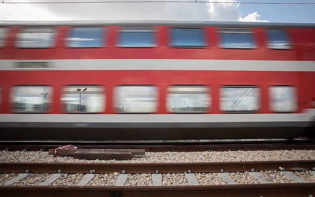 View of the Train and railway during a test drive of the Jerusalem-Tel Aviv express train in central Israel on January 16, 2018. (Hadas Parush/Flash90)