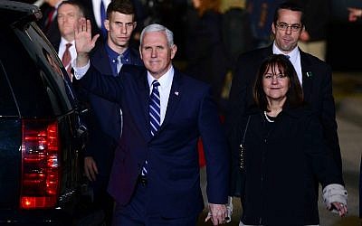 US Vice President Mike Pence and his wife Karen arrive at Ben Gurion International Airport on January 21, 2018. (Tomer Neuberg/Flash90)
