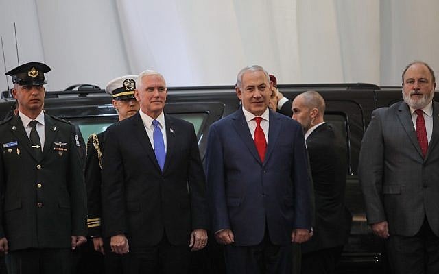US Vice President Mike Pence is welcomed by Prime Minister Benjamin Netanyahu at the Prime Minister's Office in Jerusalem, January 22, 2018. (Hadas Parush/Flash90) US Vice President Mike Pence is welcomed by Prime Minister Benjamin Netanyahu at the Prime Minister's Office in Jerusalem, January 22, 2018. (Hadas Parush/Flash90)