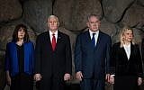 US Vice President Mike Pence, 2nd left, and his wife Karen, left, with Prime Minister Benjamin Netanyahu, 2nd right, and his wife Sara during a ceremony at the remembrance hall at the Yad Vashem Holocaust Memorial Museum in Jerusalem, on January 23, 2018. (Noam Revkin Fenton/Yad Vashem)