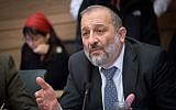 Interior Minister Aryeh Deri speaks at an Interior Affairs Committee meeting regarding the deportation of African asylum seekers at the Knesset, January 29, 2018. (Alster/Flash90)