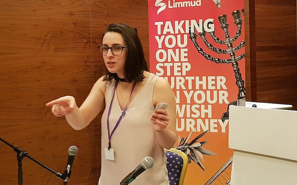 Speaker Florence Schechter addresses an audience at a Limmud Festival in Birmingham, England, December 28, 2017. (Cnaan Liphshiz/JTA) Speaker Florence Schechter addresses an audience at a Limmud Festival in Birmingham, England, December 28, 2017. (Cnaan Liphshiz/JTA)