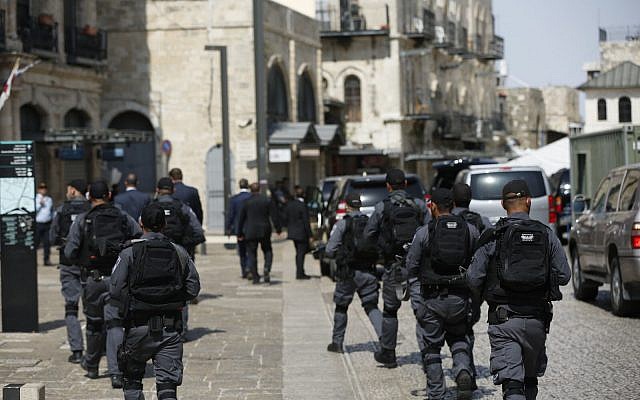 This photo released on Sunday, January 21, 2018 shows preparations by Israeli police ahead of US Vice President Mike Pence's two-day visit to the country, taking place mainly in Jerusalem. (Photo credit: Israel Police) This photo released on Sunday, January 21, 2018 shows preparations by Israeli police ahead of US Vice President Mike Pence's two-day visit to the country, taking place mainly in Jerusalem. (Photo credit: Israel Police)