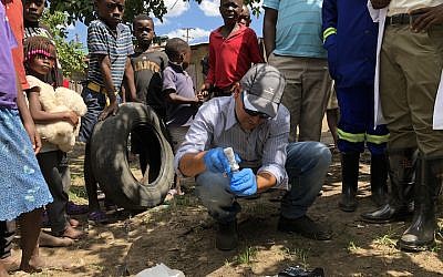 A member of the Israeli team sent to Zambia that included two physicians and one water engineer, in Lusaka, Jan. 8, 2018. (Courtesy of Sheba Medical Center via JTA)
