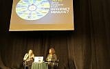Sivan Rahav-Meir (left) and Amanda Borschel-Dan discuss how Rahav-Meir uses social media to disseminate her thoughts and writings about Torah (Jessica Steinberg/Times of Israel)
