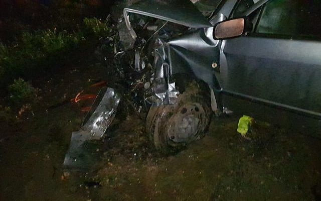 One of the vehicles involved in the fatal car crash on Route 557, near the settlement of Shavei Shomron in the northern West Bank on January 23, 2018. (Courtesy, Samaria Regional Council) One of the vehicles involved in the fatal car crash on Route 557, near the settlement of Shavei Shomron in the northern West Bank on January 23, 2018. (Courtesy, Samaria Regional Council)