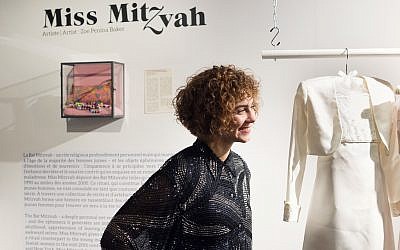 Artist and podcast creator Zoe Penina Baker at her 'Miss Mitzvah' exhibition at the Museum of Jewish Montreal. The exhibit will be on display through January 20, 2018. (courtesy)