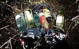 Illustrative: Molotov cocktails found near the West Bank settlement of Itamar, December 29, 2018. (IDF spokesperson)