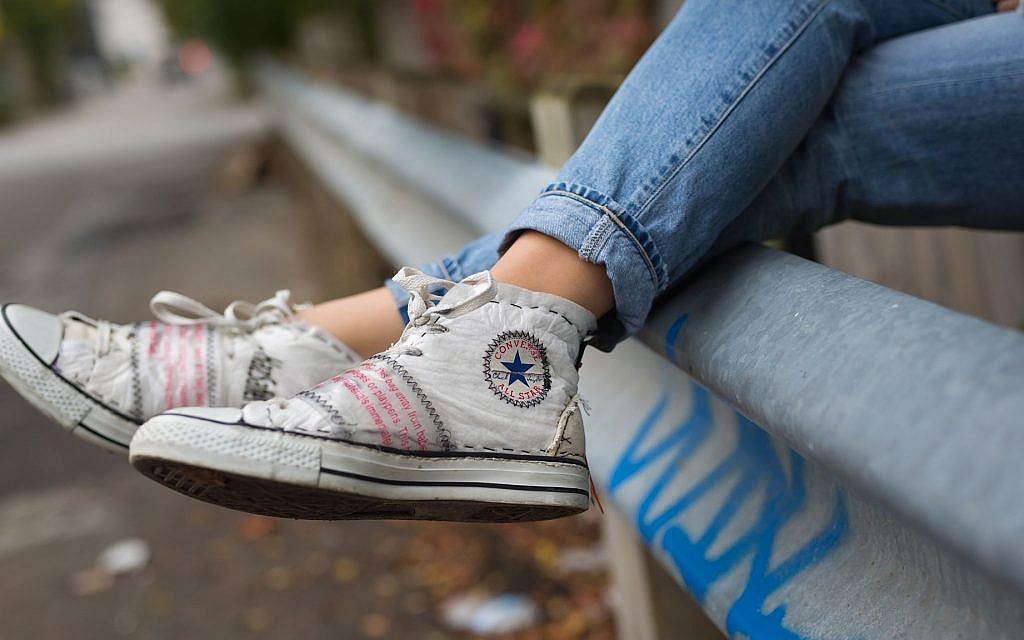 Converse sneakers Daniel Charkow reconstructed for himself using upcycled materials. (Matt Feinstein)