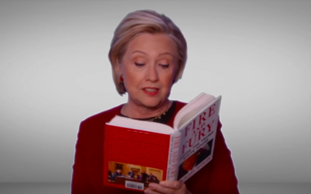 Hillary Clinton reads excerpts from the book 'Fire and Fury' for a satirical sketch aired at the Grammy Awards on January 28, 2018. (screen capture: YouTube) Hillary Clinton reads excerpts from the book 'Fire and Fury' for a satirical sketch aired at the Grammy Awards on January 28, 2018. (screen capture: YouTube)