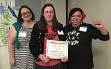 Left to right: Naomi Strand of Northwest Detention Center Resistance (NWDCR), Kim Berman of Kadima, and Wendy Pantoja of NWDCR after the award ceremony. (Tomas Madrigal)
