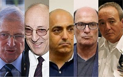 (L-R) Prime Minister Benjamin Netanyahu's personal lawyer David Shimron, his former diplomatic envoy Yitzhak Molcho, his former bureau chief David Sharan, former deputy national security adviser Avriel Bar-Yosef and former commander of the Israeli Navy Eliezer Marom. (Flash90)