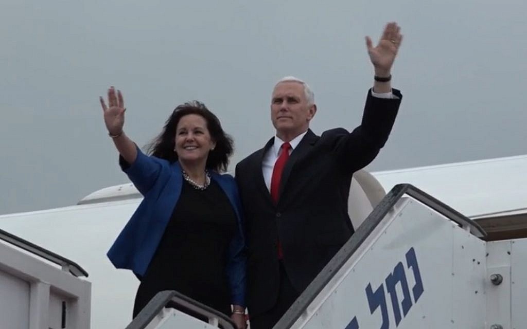 US Vice President Mike Pence and wife Karen wave as they board Air Force Two to depart Israel at Ben Gurion Airpory, January 23, 2018 (US embassy video screenshot)