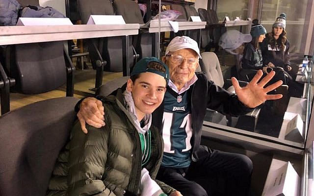 Phil Basser with his grandson Josh Potter at the Eagles’ NFC Championship game against the Minnesota Vikings in Philadelphia, January 21, 2018. (Courtesy of Fox 29 News) Phil Basser with his grandson Josh Potter at the Eagles’ NFC Championship game against the Minnesota Vikings in Philadelphia, January 21, 2018. (Courtesy of Fox 29 News)