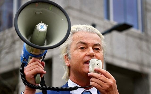 Dutch far-right politician Geert Wilders of the PVV party speaks to his supporters during a PVV demonstration against the policy of Prime Minister and his cabinet in Rotterdam, on January 20, 2018. (AFP/ANP/Robin Utrecht) Dutch far-right politician Geert Wilders of the PVV party speaks to his supporters during a PVV demonstration against the policy of Prime Minister and his cabinet in Rotterdam, on January 20, 2018. (AFP/ANP/Robin Utrecht)
