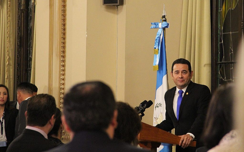 Guatemala’s President Jimmy Morales speaking to a Jewish-Christian pro-Israel event at the National Palace of Culture in Guatemala City, January 25, 2018 (Ilan Kottler) Guatemala’s President Jimmy Morales speaking to a Jewish-Christian pro-Israel event at the National Palace of Culture in Guatemala City, January 25, 2018 (Ilan Kottler)
