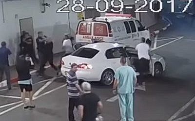 Screenshot from CCTV footage of security guards being assaulted at Ichilov Hospital, in Tel Aviv, September 2017