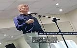 Former prime minister Ehud Olmert speaking to alumni of the Shin Bet's Protected Persons Unit in December 2017. (Channel 10 screen capture)
