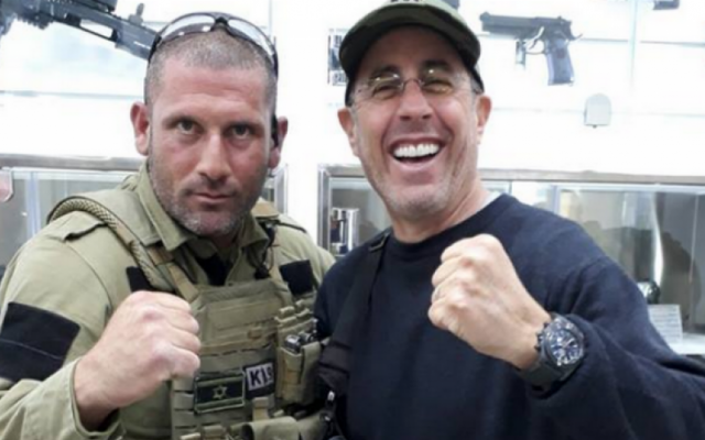 Jerry Seinfeld at the Caliber 3 anti-terror training camp outside of Efrat. (Facebook) Jerry Seinfeld at the Caliber 3 anti-terror training camp outside of Efrat. (Facebook)