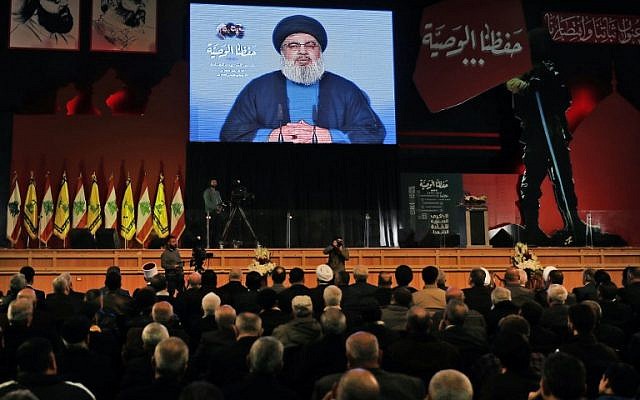Hezbollah leader Hassan Nasrallah delivers a televised speech during a ceremony in Beirut to commemorate Hezbollah leaders who have been killed, February 16, 2018. (AFP Photo/Joseph Eid) Hezbollah leader Hassan Nasrallah delivers a televised speech during a ceremony in Beirut to commemorate Hezbollah leaders who have been killed, February 16, 2018. (AFP Photo/Joseph Eid)