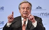 UN Secretary General Antonio Guterres gives a speech at the 54th Munich Security Conference on February 16, 2018, in Munich, Germany. (AFP Photo/Thomas Kienzle)