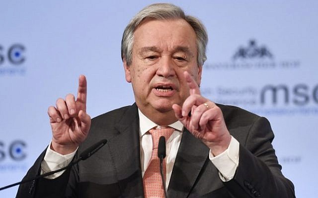 UN Secretary General Antonio Guterres gives a speech at the 54th Munich Security Conference on February 16, 2018, in Munich, Germany. (AFP Photo/Thomas Kienzle) UN Secretary General Antonio Guterres gives a speech at the 54th Munich Security Conference on February 16, 2018, in Munich, Germany. (AFP Photo/Thomas Kienzle)