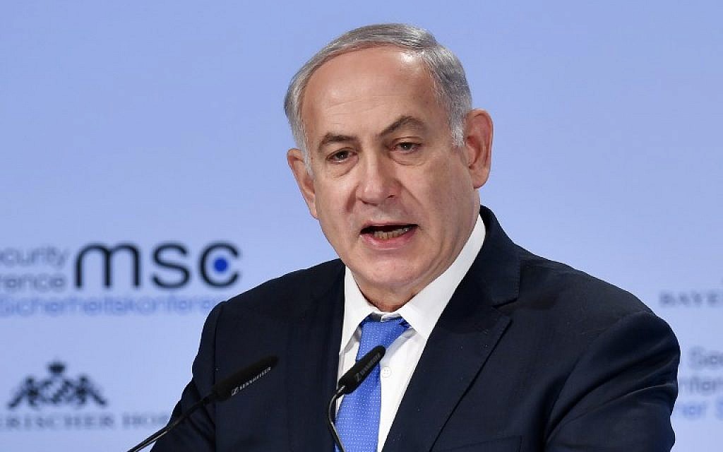 Prime Minister Benjamin Netanyahu delivers a speech on the third day of the 54th Munich Security Conference (MSC) held at the Bayerischer Hof hotel, in Munich, southern Germany, on February 18, 2018.  (AFP PHOTO / Thomas KIENZLE)