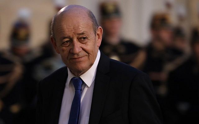 French Foreign Affairs Minister Jean-Yves Le Drian at the Elysee Palace in Paris, January 30, 2018. (Ludovic MARIN/AFP) French Foreign Affairs Minister Jean-Yves Le Drian at the Elysee Palace in Paris, January 30, 2018. (Ludovic MARIN/AFP)