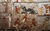 A general view shows well-preserved and rare wall paintings inside the tomb of an Old Kingdom priestess on the Giza plateau on the southern outskirts of Cairo, that was unveiled on February 3, 2018 (AFP PHOTO / MOHAMED EL-SHAHED)