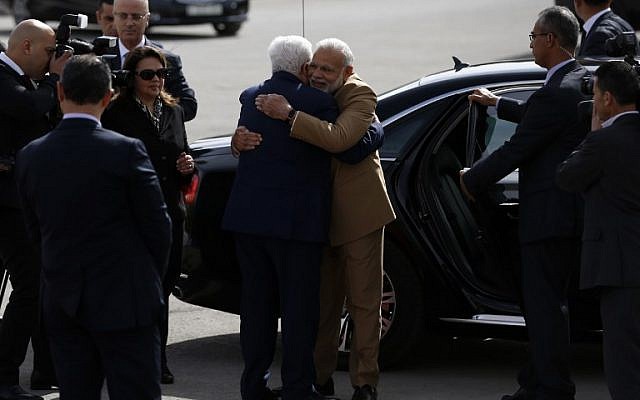 Palestinian president Mahmoud Abbas (C-L) embraces Indian Prime Minister Narendra Modi upon his arrival for a meeting in the West Bank city of Ramallah on February 10, 2018. (Abbas Monani/AFP) Palestinian president Mahmoud Abbas (C-L) embraces Indian Prime Minister Narendra Modi upon his arrival for a meeting in the West Bank city of Ramallah on February 10, 2018. (Abbas Monani/AFP)