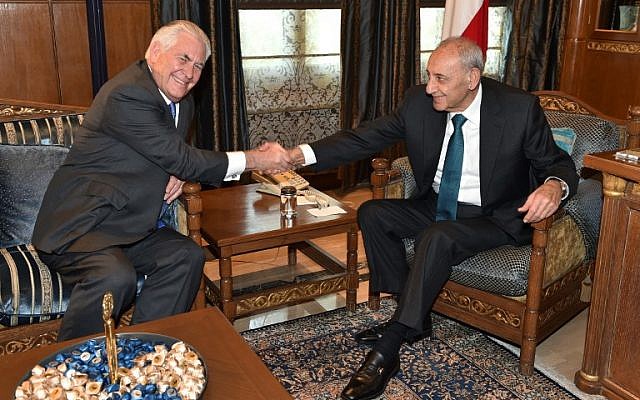 US Secretary of State Rex Tillerson (L) meets Lebanese Parliament Speaker Nabih Berri (R) in Beirut on February 15, 2018. (AFP Photo/Stringer) US Secretary of State Rex Tillerson (L) meets Lebanese Parliament Speaker Nabih Berri (R) in Beirut on February 15, 2018. (AFP Photo/Stringer)