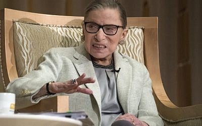 Ruth Bader Ginsburg talks to congregants of the Adas Israel synagogue in Washington, DC, February 1, 2018. (Ron Sachs/CNP via JTA)