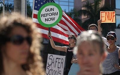 Illustrative image of Alessandra Mondolfi holding a sign that reads, 'gun reform now', as she joins other people after a school shooting that killed 17 to protest against guns on the steps of the Broward County Federal courthouse on February 17, 2018 in Fort Lauderdale, Florida. (Joe Raedle/Getty Images/AFP)