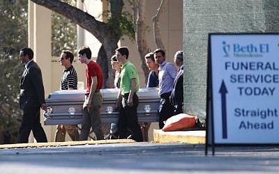 Pallbearers carry the casket of Scott Beigel, geography teacher from Marjory Stoneman Douglas High School, after a funeral service at Temple Beth-El on February 18, 2018 in Boca Raton, Florida. (Joe Raedle/Getty Images/AFP)