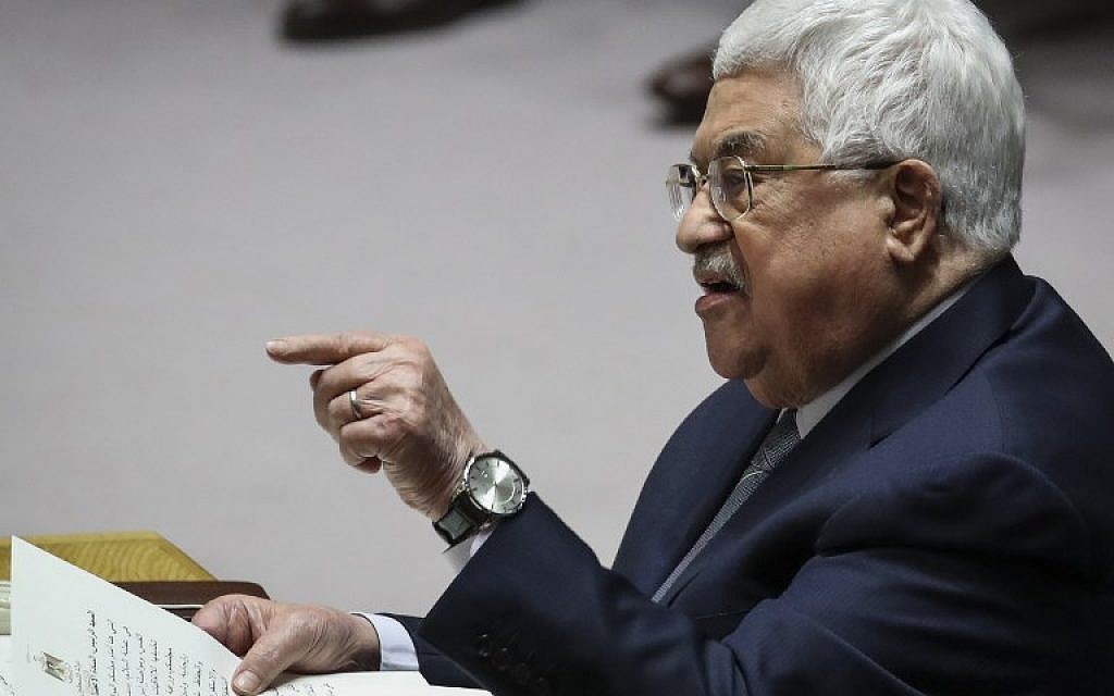 Palestinian Authority President Mahmoud Abbas speaks during a United Nations Security Council meeting at UN headquarters, February 20, 2018 in New York City (Drew Angerer/Getty Images/AFP)