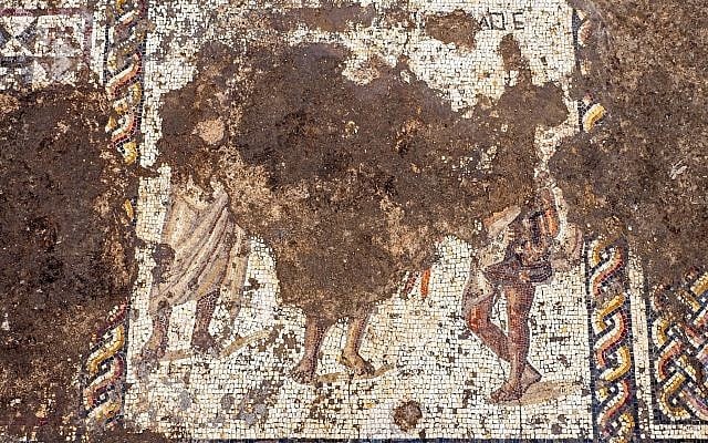 A rare Roman mosaic from the 2nd–3rd centuries CE, bearing an inscription in ancient Greek, uncovered in Caesarea during conservation work by the Israel Antiquities Authority. (Assaf Peretz, Israel Antiquities Authority)