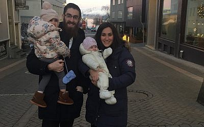 Rabbi Avi Feldman and his wife Mushky Feldman visiting Reykjavik, Iceland, on December 14, 2017. (Chabad.org)