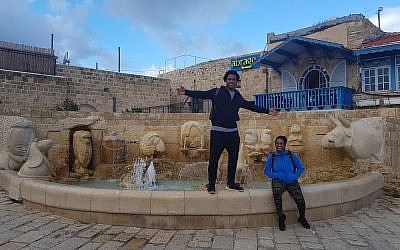 Tennesse Titans linebacker Avery Williamson poses for a picture with his sister, Erika, during a visit to Jaffa as part of a trip to Israel with six other NFL players organized by the American Voices in Israel group. (Courtesy)