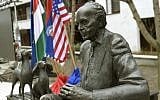 The statue of late US Congressman of Hungarian origin Tom Lantos photographed after its ceremonial unveiling near Lantos's former school, Berzsenyi Daniel Secondary School, in Tom Lantos Walk in Budapest, Hungary, Thursday, February 1, 2018. (Noemi Bruzak/MTI via AP)