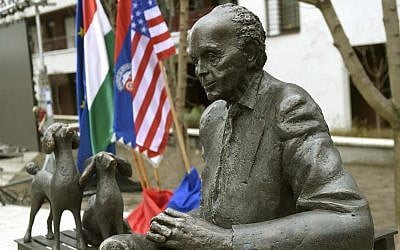The statue of late US Congressman of Hungarian origin Tom Lantos photographed after its ceremonial unveiling near Lantos's former school, Berzsenyi Daniel Secondary School, in Tom Lantos Walk in Budapest, Hungary, Thursday, February 1, 2018. (Noemi Bruzak/MTI via AP)