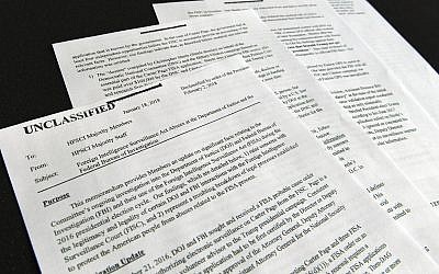 A intelligence memo is photographed in Washington on February 2, 2018. (AP Photo/Susan Walsh)
