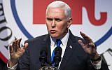 In this February 1, 2018, photo, US Vice President Mike Pence addresses the Republican National Committee (RNC) Winter Meeting in Washington. (AP Photo/Cliff Owen)