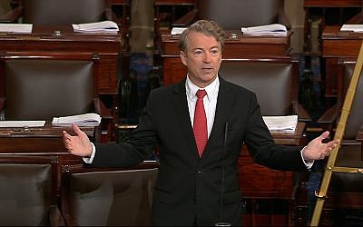 In this image from video from Senate Television, Sen. Rand Paul, a Kentucky Republican, speaks on the floor of the Senate, February 8, 2018, on Capitol Hill in Washington. (Senate TV via AP)