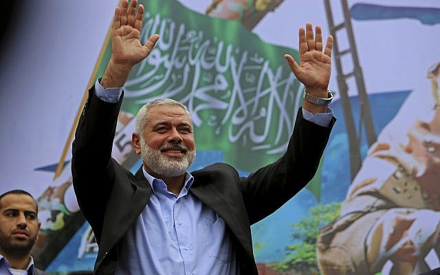 In this December 12, 2014, file photo, Hamas leader Ismail Haniyeh greets supporters during a rally to commemorate the 27th anniversary of the Hamas terror group, at the main road in Jebaliya in the northern Gaza Strip. (AP Photo/Adel Hana) In this December 12, 2014, file photo, Hamas leader Ismail Haniyeh greets supporters during a rally to commemorate the 27th anniversary of the Hamas terror group, at the main road in Jebaliya in the northern Gaza Strip. (AP Photo/Adel Hana)
