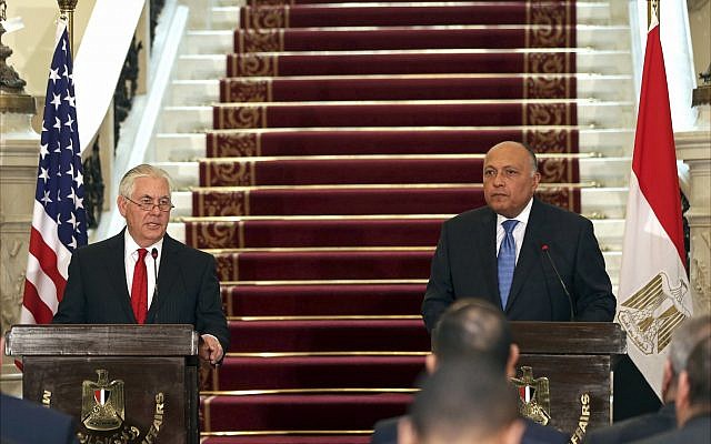 US Secretary of State Rex Tillerson, left, speaks during a press conference with Egyptian Foreign Minister Sameh Shoukry after their meeting, at Tahrir Palace, in Cairo, Egypt, February 12, 2018. (Khaled Elfiqi/Pool photo via AP) US Secretary of State Rex Tillerson, left, speaks during a press conference with Egyptian Foreign Minister Sameh Shoukry after their meeting, at Tahrir Palace, in Cairo, Egypt, February 12, 2018. (Khaled Elfiqi/Pool photo via AP)